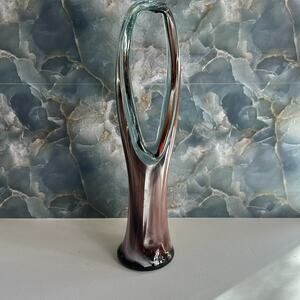 Hand Blown Art Glass Basket Vase With Stretched Handle Swirl Pattern